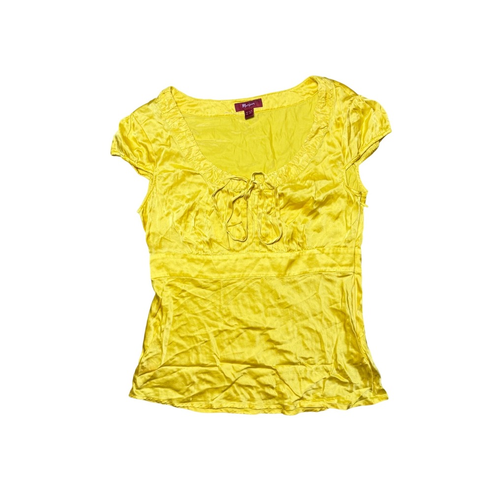 Monsoon Yellow 100% Silk Cap Sleeve Tie Front Ruffle Blouse Top